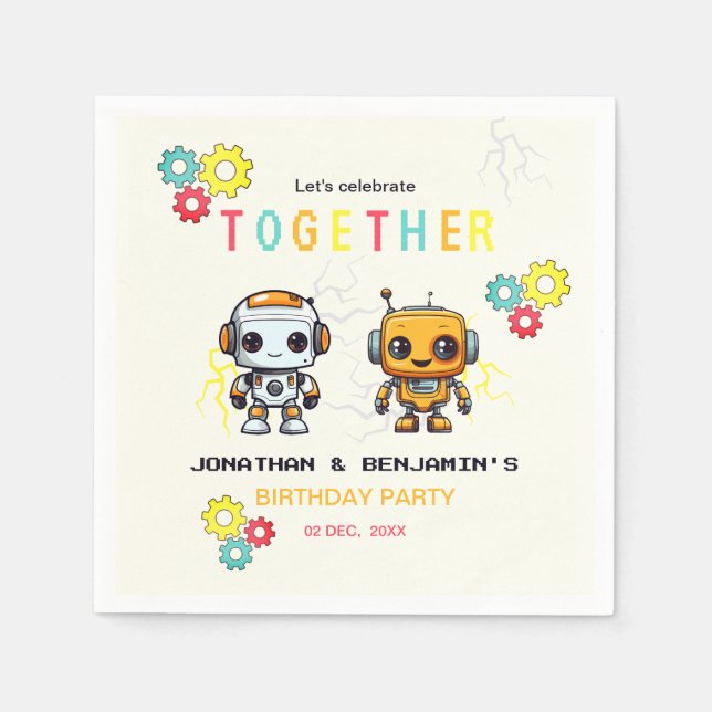 Guardanapo De Papel Bons Robôs Fofos Juntos Aniversário Conjunto (Frente)