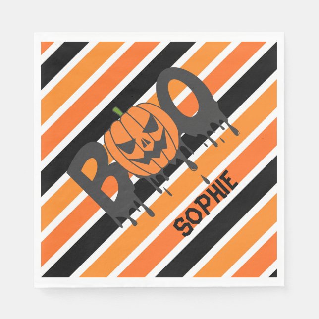 Guardanapo De Papel Boo Halloween Laranja & Black Stripes (Frente)