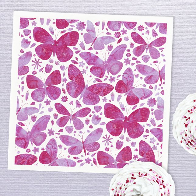 Guardanapo De Papel Borboleta Aquarela Magenta Rosa (Magenta hot pink watercolor butterfly pattern paper napkins)