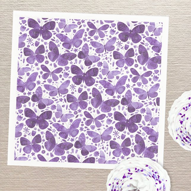 Guardanapo De Papel Borboleta Aquarela Puro (Pretty watercolor purple butterfly pattern party paper napkins)
