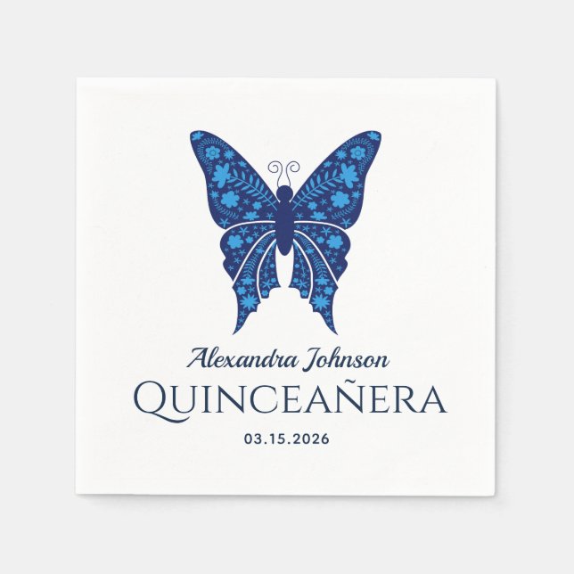 Guardanapo De Papel Borboleta Azul Quinceañera (Frente)