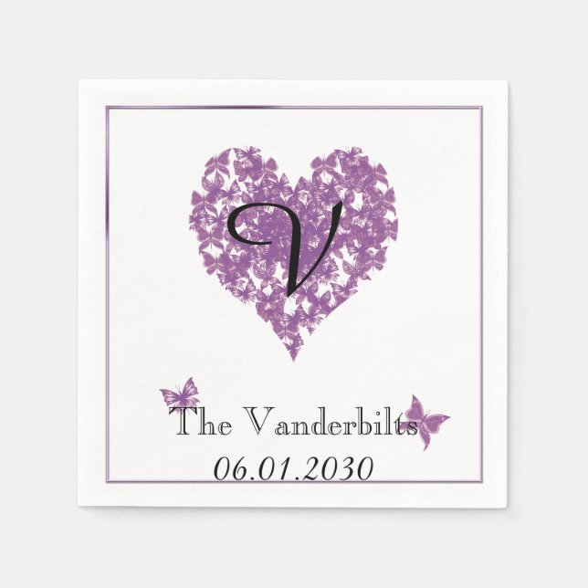 Guardanapo De Papel Borboleta Roxa Monograma Casamento Napkin (Frente)