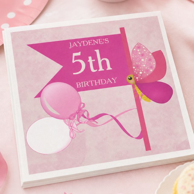 Guardanapo De Papel Borboleta Tons De Rosa Com Balões (Napkins that flutter. Pink background, balloons, and whimsical butterfly accents.)