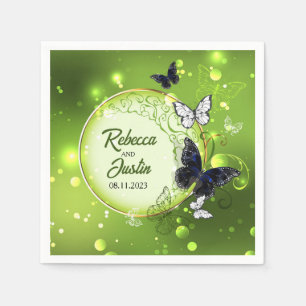 Guardanapo De Papel Borboletas brancas e pretas no Boho Verde Napkins