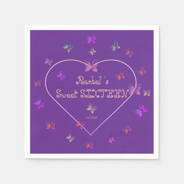 Guardanapo De Papel Borboletas de Coração Rosa Doce 16 Aniversário (Frente)