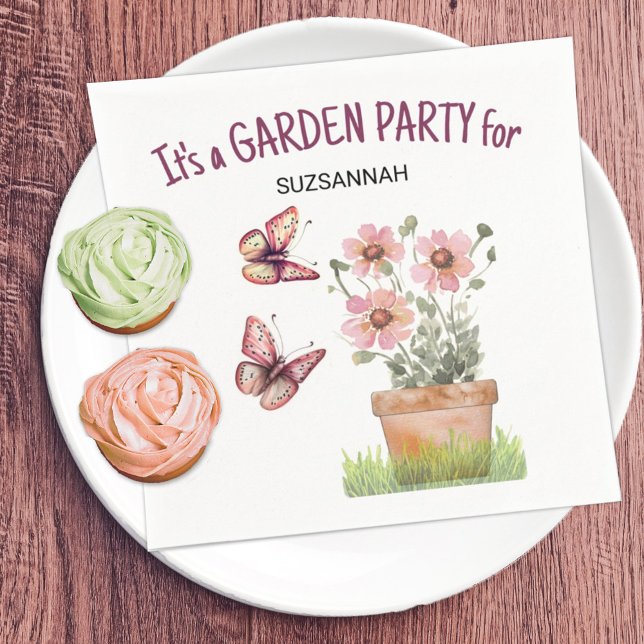 Guardanapo De Papel Borboletas de jardim florais Dragonflies Watercolo (Keep or move text on this butterfly and flower fun summer vibe party napkin for any gathering.)