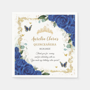 Guardanapo De Papel Borboletas Douradas de Azul Real Quinceañera 16