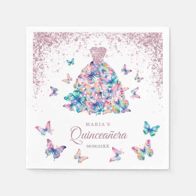 Guardanapo De Papel Borboletas Douradas de rosa, Gown Quinceanera (Frente)