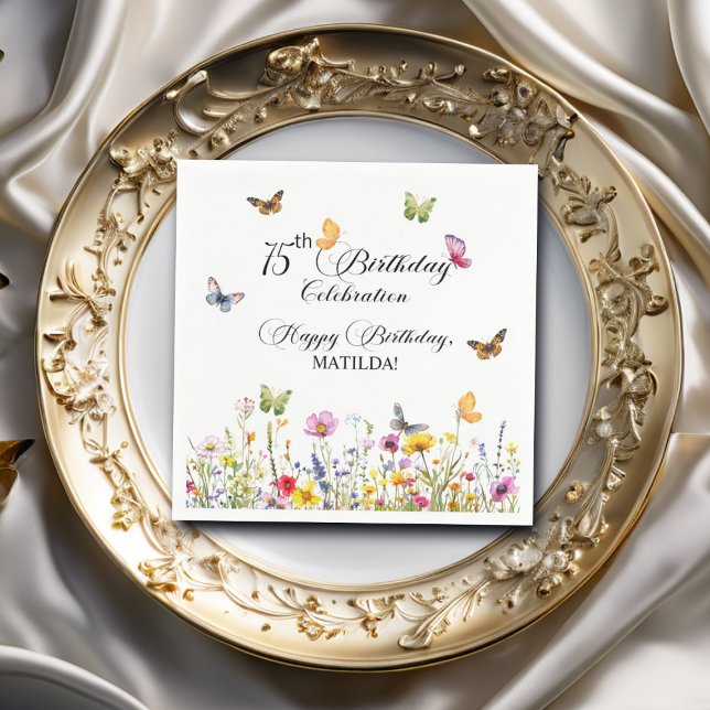 Guardanapo De Papel Borboletas e flores selvagens Elegante 75.o aniver (Criador carregado)