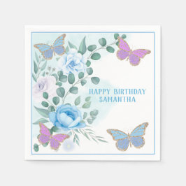 Guardanapo De Papel Borboletas Floral Azul Púrpura Dourada Aniversário