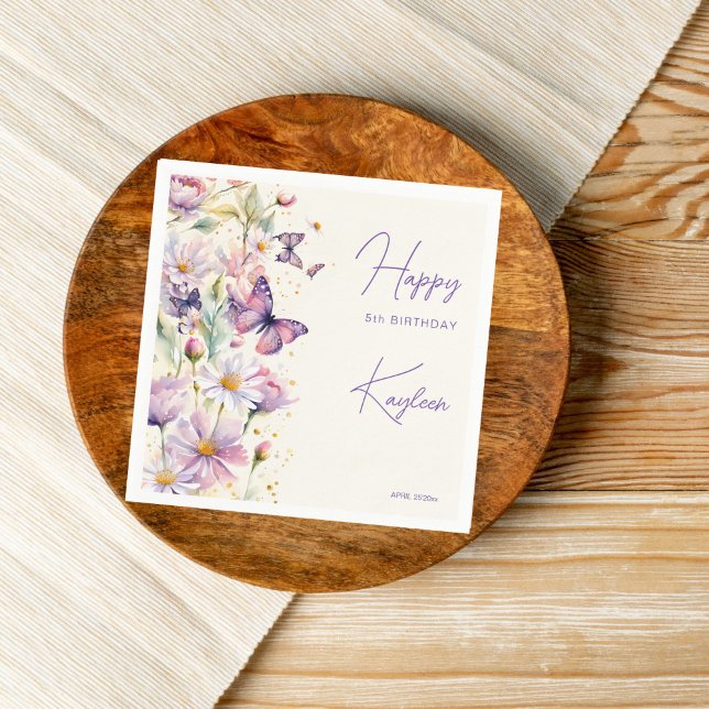 Guardanapo De Papel Borboletas lavanda de aniversário roxa impressa (Butterflies birthday party  lavender purple flowers enchanted garden personalized printed napkins )