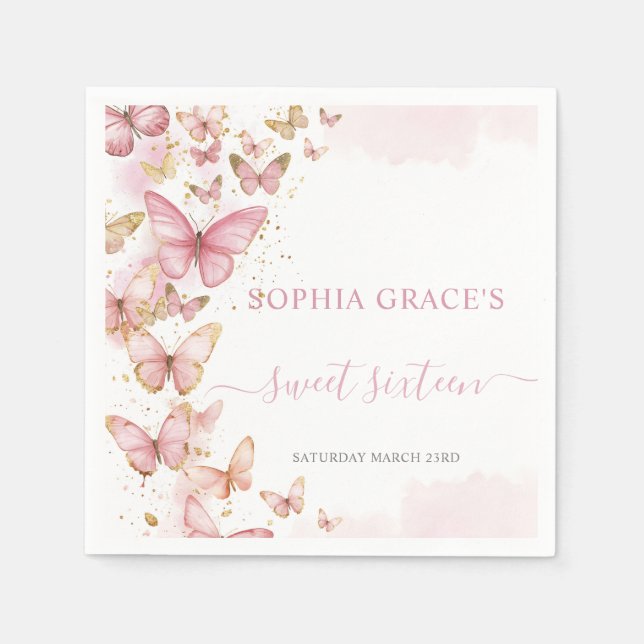 Guardanapo De Papel Borboletas rosa bonito Doce 16 Quinceanera XV 15 (Frente)