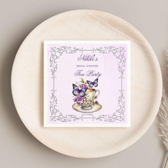 Guardanapo De Papel Borboletas roxas Chá-brida vitoriana (Purple butterflies Victorian bridal shower tea party printed Napkins personalized tableware decor)