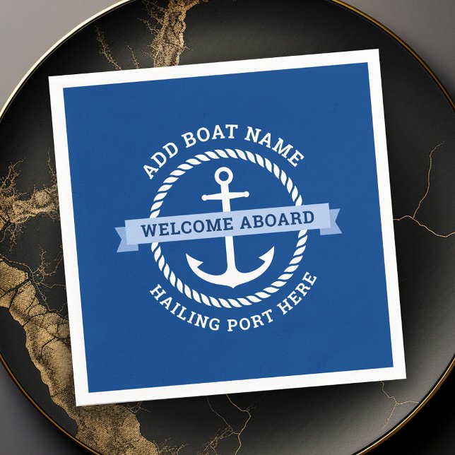 Guardanapo De Papel Borda de corda de ancora Nome de barco bem-vindo a (Anchor rope border boat name welcome aboard napkins)