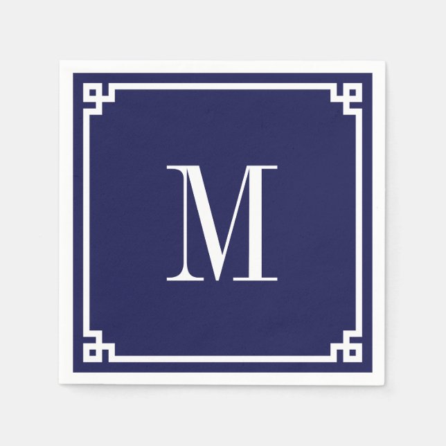 Guardanapo De Papel Borda Monogramada em Nave e Branco com Chave Grega (Frente)