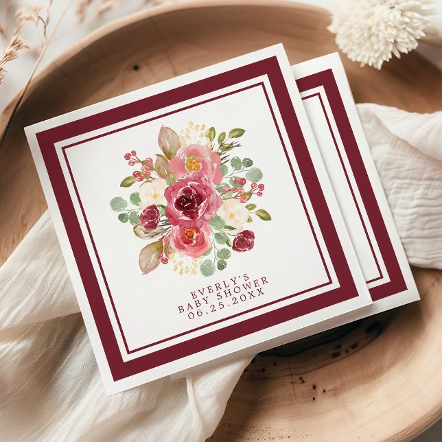 Guardanapo De Papel Bordô Flores Aquarela Flores Chás de Bebê (Criador carregado)