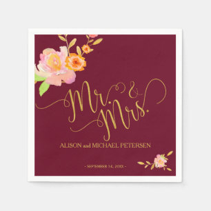 Guardanapo De Papel Borgonha floral cora Sr. e Sra. casamento