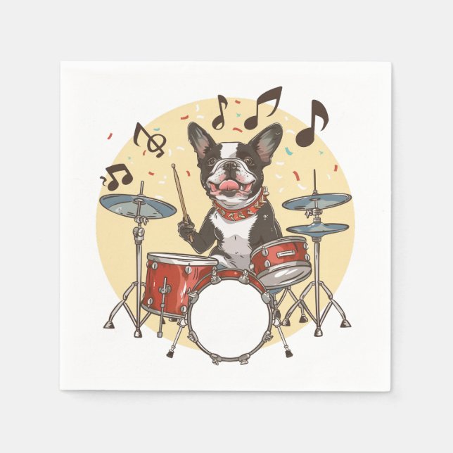 Guardanapo De Papel Boston Terrier Dog Playing Drums (Frente)
