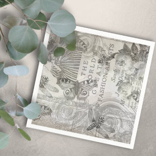 Guardanapo De Papel  Botânica Vintag Butterfly Script Preto e Branco