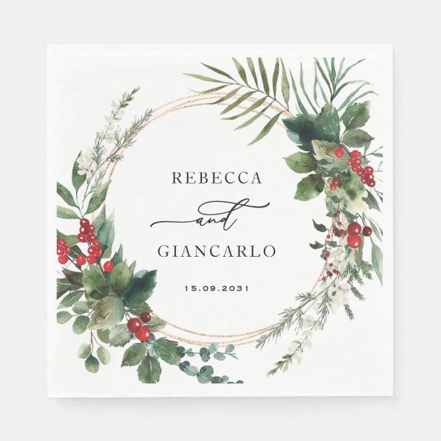 Guardanapo De Papel Botanical Holiday Greenery Red Berries Wedding (Frente)