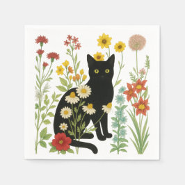 Guardanapo De Papel  Botanical Nature – Black Cat in Wildflower Garden