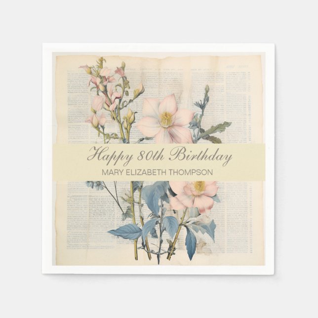 Guardanapo De Papel  Botanical Vintaqe Wildflower 80th Birthday (Frente)