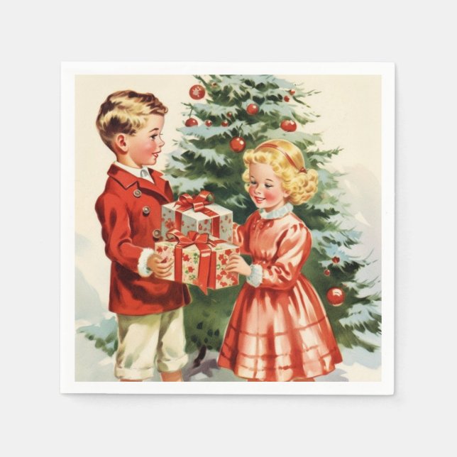 Guardanapo De Papel Boy and girl giving each other Christmas presents (Frente)
