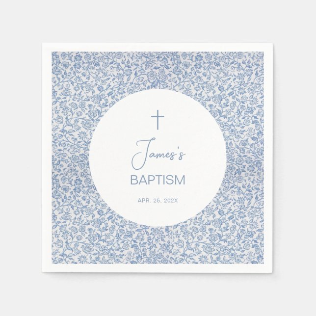 Guardanapo De Papel Boy Baptism Blue White Floral Pattern Christening  (Frente)