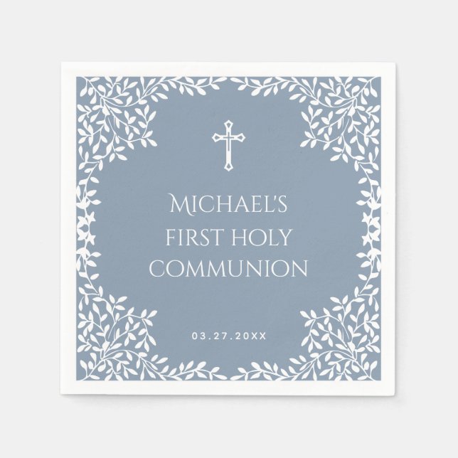 Guardanapo De Papel Boy First Communion Dusty Blue White Leaves Ornate (Frente)