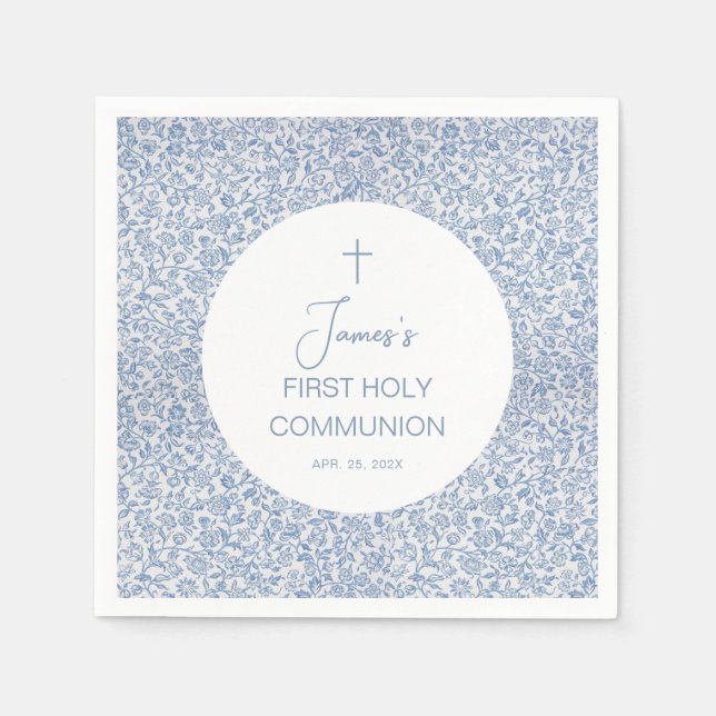 Guardanapo De Papel Boy First Holy Communion Blue White Floral Pattern (Frente)