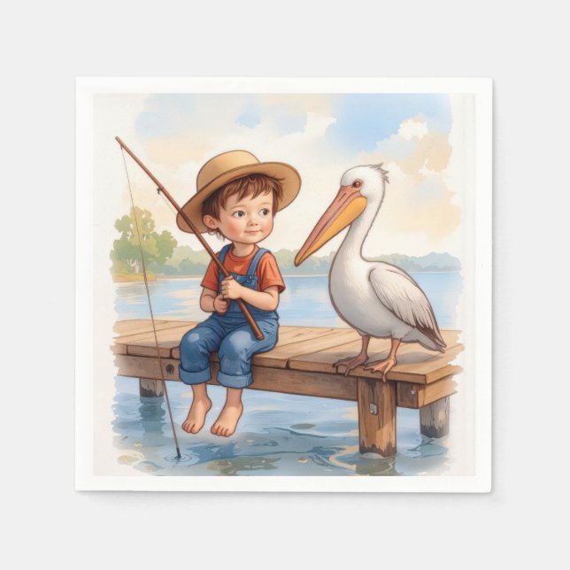 Guardanapo De Papel Boy Fishing On a Dock With a Pelican (Frente)