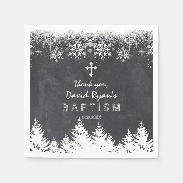 Guardanapo De Papel Boy Winter Holiday Snowflakes Chalkboard Baptism (Frente)