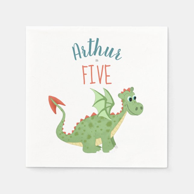 Guardanapo De Papel Boys Green Dragon Toddler Bravo Aniversário (Frente)