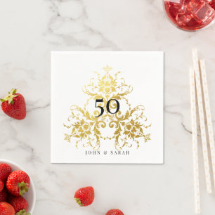 Guardanapo De Papel Branca Personalizada e Dourado Damask 50º Aniversá