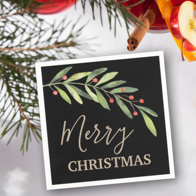 Guardanapo De Papel Branch e Berries Feliz Natal Negro (Criador carregado)