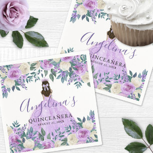 Guardanapo De Papel Branco Floral Roxo Quinceanera