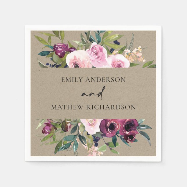 GUARDANAPO DE PAPEL BRIGHT KRAFT BLUSH BURGUNDY FLORAL WEDTING (Frente)
