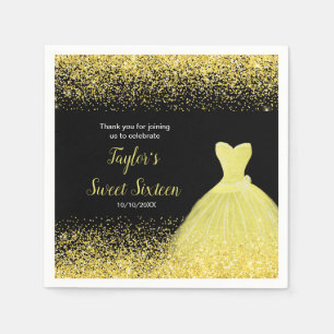Guardanapo De Papel Bright Yellow Dress Faux Glitter Sweet 16 Birthday