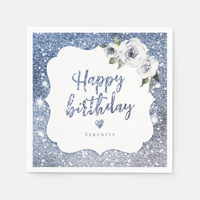 Guardanapo De Papel Brilhante azul e feliz aniversário floral (Frente)