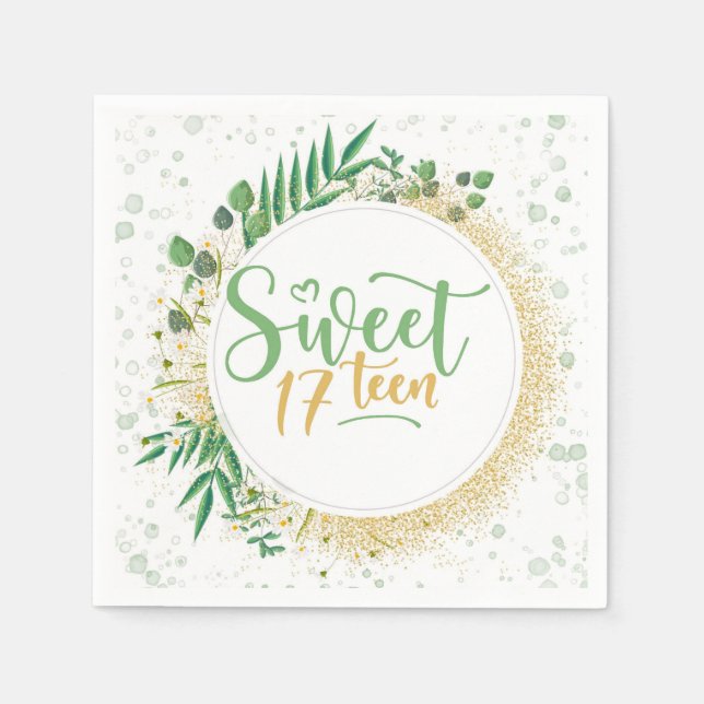 Guardanapo De Papel Brilhante verde e Dourada, doce 17ª Festa de anive (Frente)