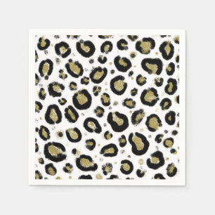 Guardanapo De Papel Brilho de Ouro Branco & Estampa de Leopardo Preto