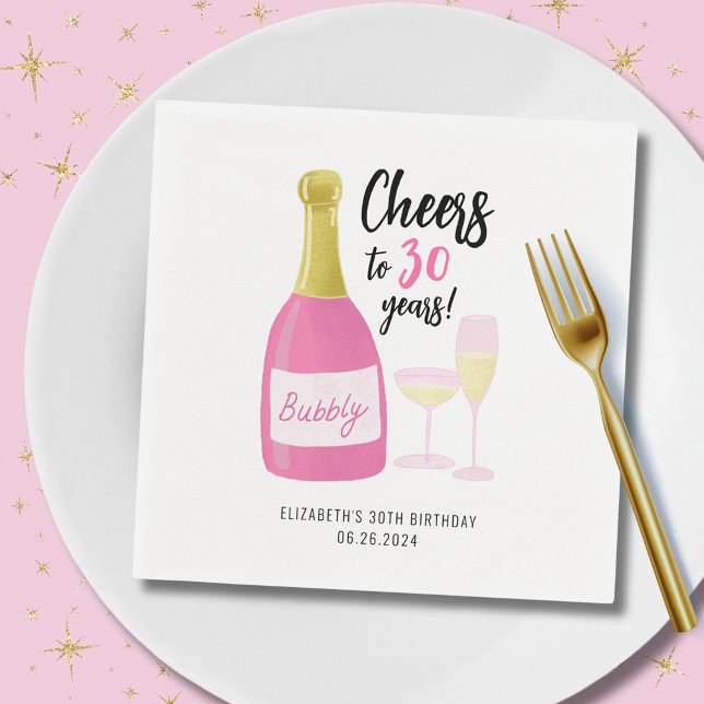 Guardanapo De Papel Brindes cor-de-rosa para 30 anos de festa de anive (Cheers to 30 years pink champagne paper napkins.  Full 30th birthday party range collection.)