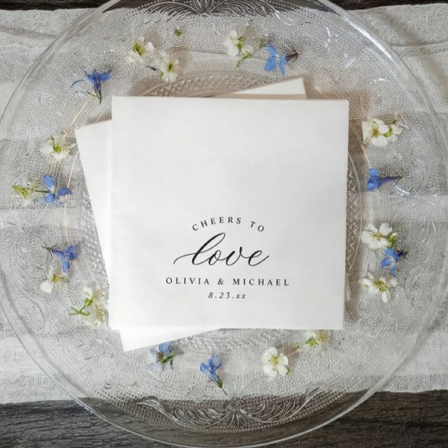 Guardanapo De Papel Brindes Elegantes ao Amor Velho Dinheiro Casamento (Black and white wedding cocktail napkins with cheers to love in elegant calligraphy)