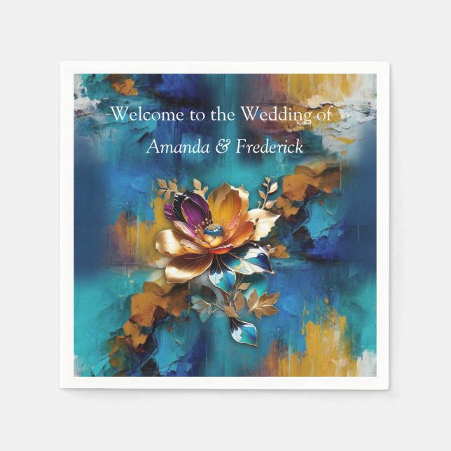 Guardanapo De Papel Bronze de abstrato, estilo barroco azul-ouro (Frente)