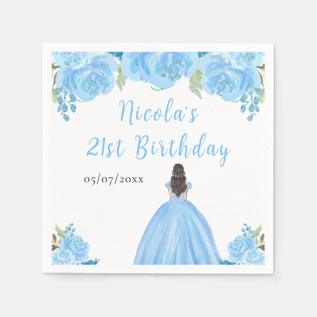 Guardanapo De Papel Brown Hair Princess Blue Floral Birthday Party (Frente)