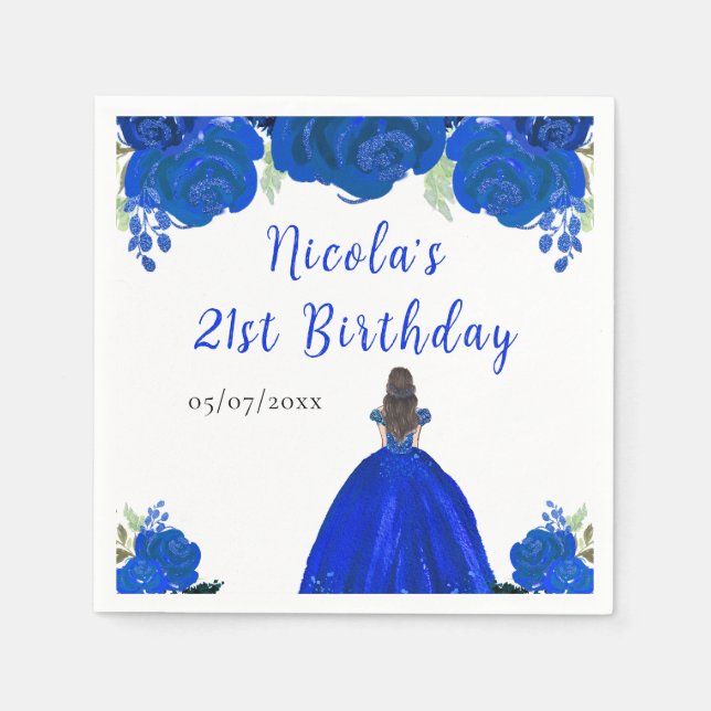 Guardanapo De Papel Brown Hair Princess Blue Floral Birthday Party (Frente)