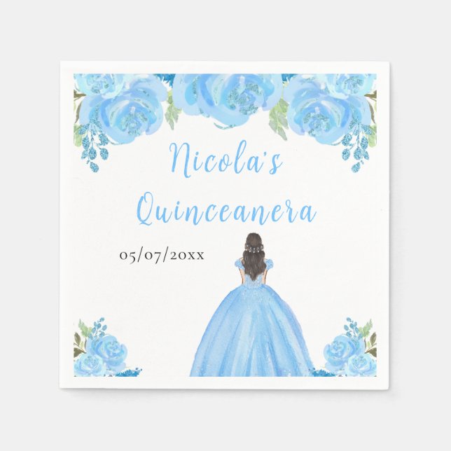 Guardanapo De Papel Brown Hair Princess Blue Floral Quinceanera (Frente)