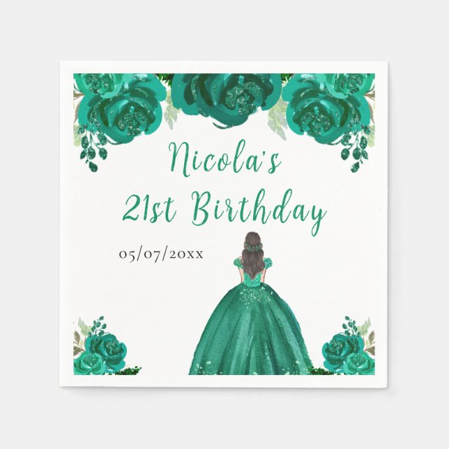 Guardanapo De Papel Brown Hair Princess Green Floral Birthday Party (Frente)