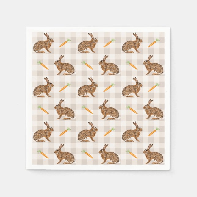 Guardanapo De Papel Brown Rabbits And Carrots Rustic Beige Gingham (Frente)