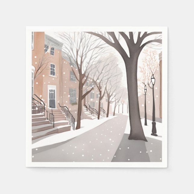 Guardanapo De Papel Brownstone Street | Snowy Winter Watercolor (Frente)